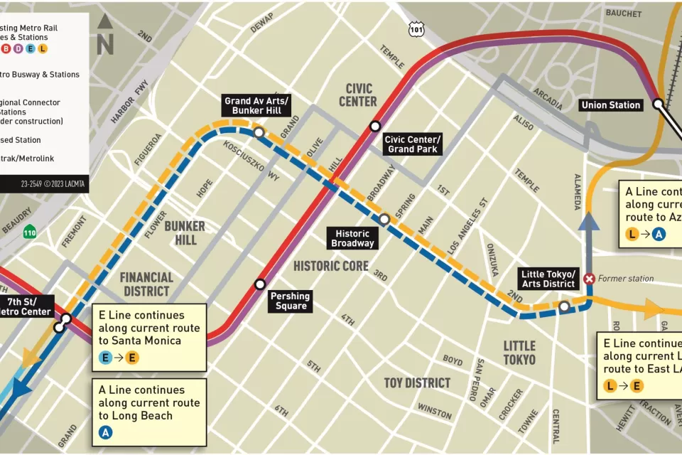 A map of the construction project to build two new rail transit routes through Downtown Los Angeles.